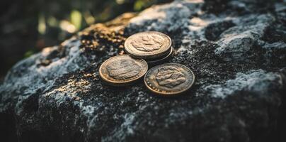 Coins with mountain profile on a textured rock surface photo