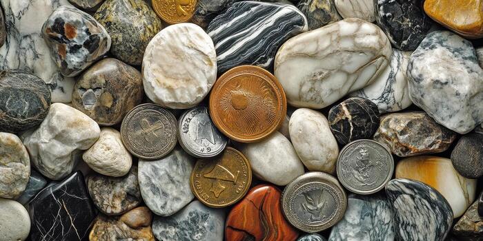Assorted foreign coins scattered amongst smooth colorful river rocks photo