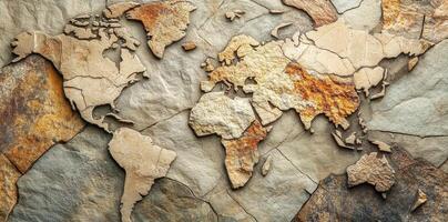 World map depicted with stone and geological textures photo