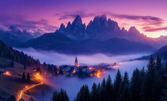 Sunrise over a misty village in the Dolomites surrounded by majestic mountain peaks photo