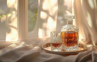 Elegant whiskey decanter and glass set on a tray by the window in warm afternoon light photo