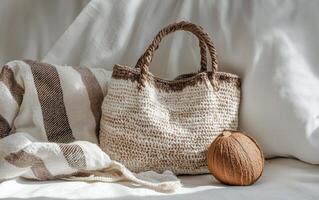 Stylish woven bag and natural decor on a soft fabric surface in cozy interior setting photo