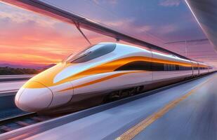 High-speed train at station during sunset with vibrant sky and sleek design showcasing modern transportation photo
