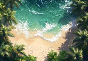 Relaxing beach view with clear blue water and palm trees in a tropical setting photo