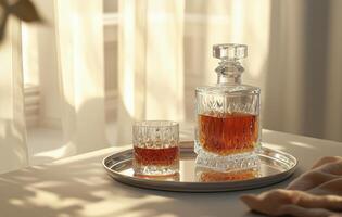 Elegant whiskey decanter with glass on a reflective tray in soft sunlight photo