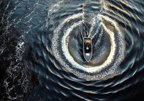 Speedboat creating circular wake on calm water at sunset near a lakeside location photo