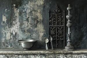 Still life arrangement featuring aged metal objects on textured surface photo
