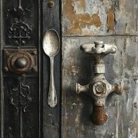 Silver spoon rests between decorative metalwork and aged faucet photo