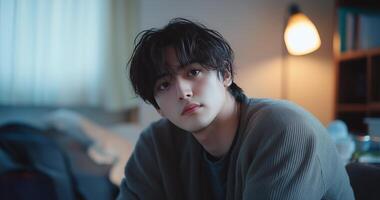 Young man relaxing in a cozy room with warm light during evening hours photo