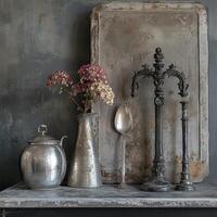 Antique still life featuring flowers silverware and ornate objects photo