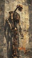 Rusty mechanical skeleton standing against an aged concrete wall photo