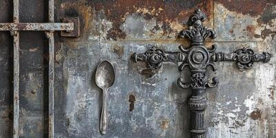 A spoon ornate metalwork and rusted metal all together photo