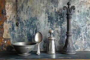 Still life featuring antique metal objects against a textured backdrop photo