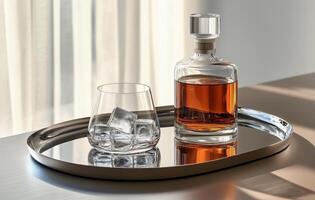 Elegant whiskey set with glass and ice on a reflective tray beside soft curtains photo