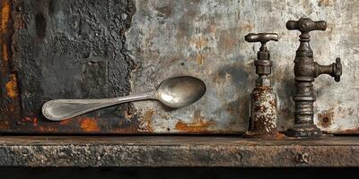 A rustic composition featuring a spoon and two antique faucets photo
