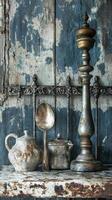 Antique still life featuring silver and ceramic objects on shelf photo
