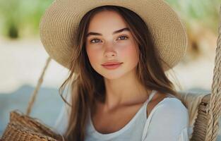 Young woman enjoying a sunny day at the beach while wearing a wide-brimmed hat and holding a basket photo
