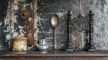 Aged still life with tarnished silver and antique ironwork photo