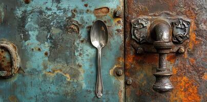 Silver spoon resting on weathered metallic surface near rusty handle photo