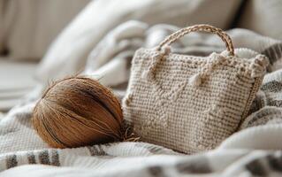 Stylish handmade purse next to coconut on cozy blanket indoors photo