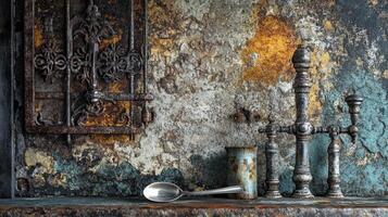 Ornate metalwork sits with rusted objects against distressed plaster photo