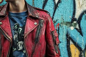 Close up shot of a person wearing a red leather jacket photo
