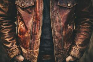 A worn vintage brown leather jacket on a person photo