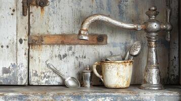 Old faucet and utensils arranged against a weathered cabinet photo