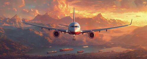 Airplane flying over mountains and water during sunset with vibrant colors in the sky photo