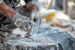 Sculptor carefully shaping and refining a piece of gray marble photo