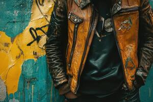 Distressed leather jacket on a person leaning against graffiti wall photo