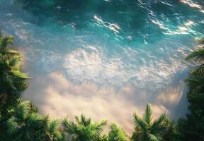 Breathtaking view of turquoise waves meeting serene sandy beach surrounded by lush greenery photo