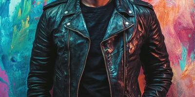 Close up of person in leather jacket against painted backdrop photo
