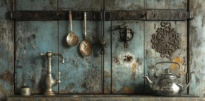 Weathered blue cabinet doors with aged metal kitchenware photo