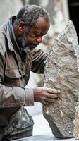 Sculptor carefully examines the large stone he is shaping photo