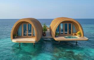 Luxurious water bungalow with unique architecture in tropical setting by the ocean photo