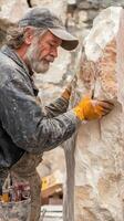 Sculptor carefully working on a tall stone artistic project photo