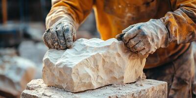 A stone worker carefully chisels a block of rough stone photo