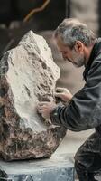 An artist meticulously works on sculpting a large rock formation photo