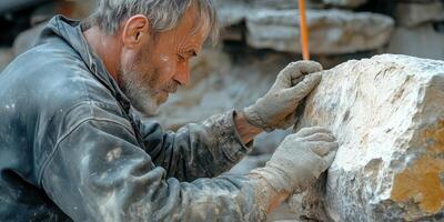 Experienced stonemason carefully works with a large piece of rock photo