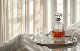 Elegant whiskey decanter and glass with ice on a silver tray against a soft backdrop photo