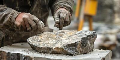 Stonemason carefully shapes a block of rough stone with hand tools photo