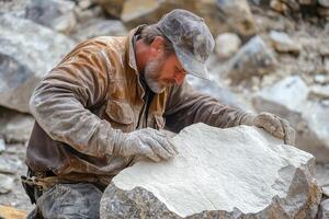 Man sculpts a large stone with care and precision photo