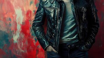 Man wearing leather jacket poses against an abstract wall photo
