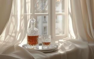 Elegant crystal decanter and glass on a tray by a sunlit window photo