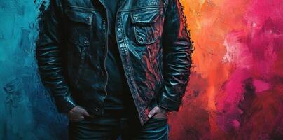 Man in leather jacket stands against vibrant painted backdrop photo