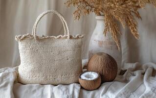 Handmade crochet bag with coconut decor on a soft cloth backdrop photo