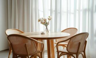 Cozy dining space with wooden table and rattan chairs bathed in natural light photo