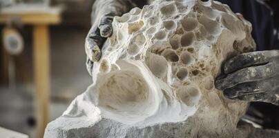 Gloved hands work meticulously on a porous stone sculpture photo