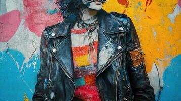 Stylish person in leather jacket against colorful graffiti background photo